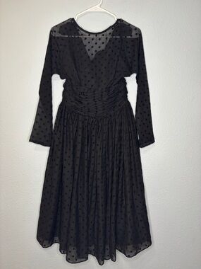 Unique Vintage NWT Black Chiffon w/ Velvet Polka Dot Long Sleeve Swing Dress S
